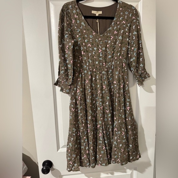 Reborn Dresses & Skirts - Floral Tiered Dress Brown Cottagecore‎ Romantic Midi 3/4 Sleeve Size Small